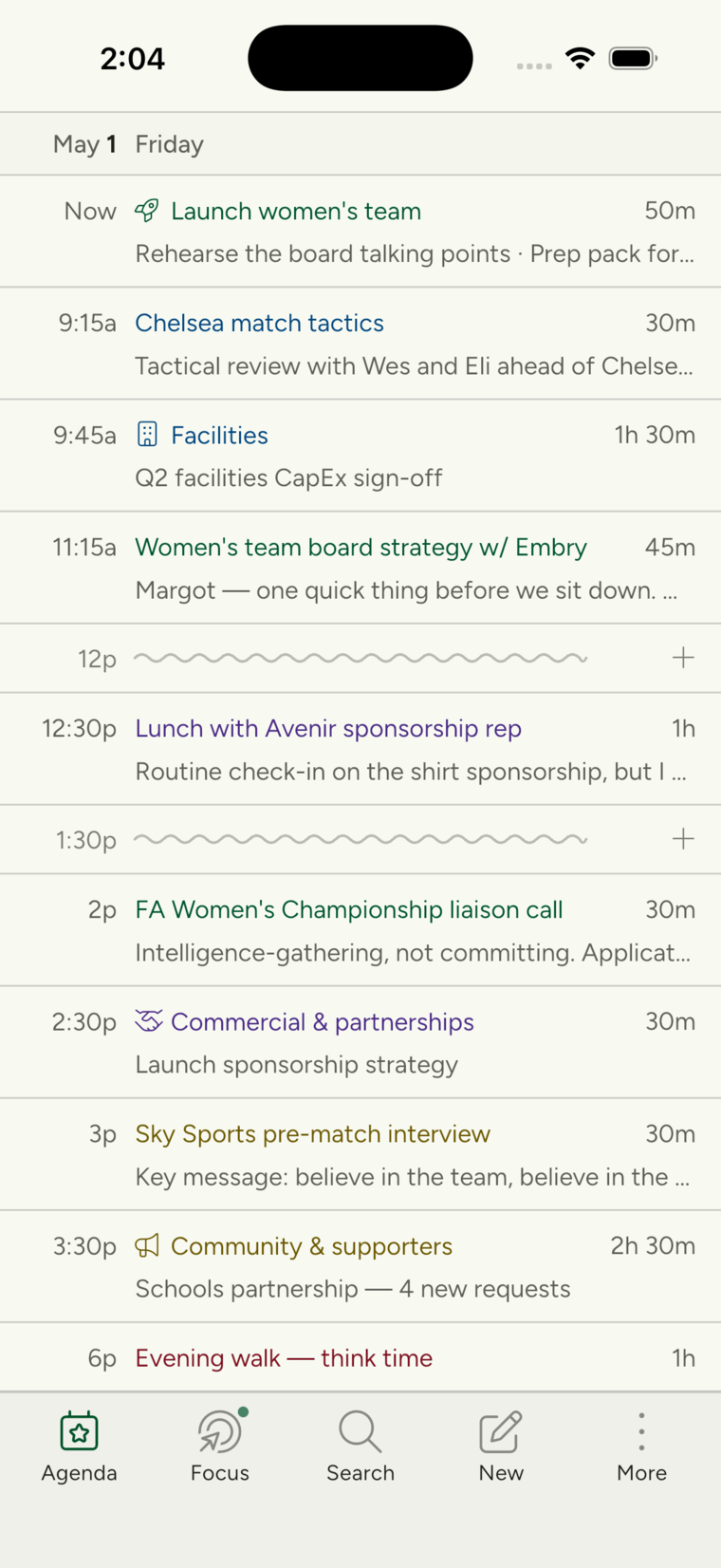 Plot's agenda showing the day's scheduled work across focuses