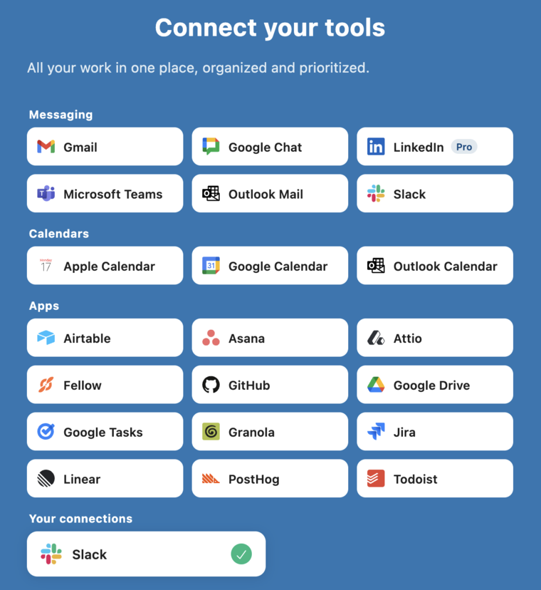 Plot's connect screen showing Gmail, Slack, Linear, calendars, and other tools ready to link
