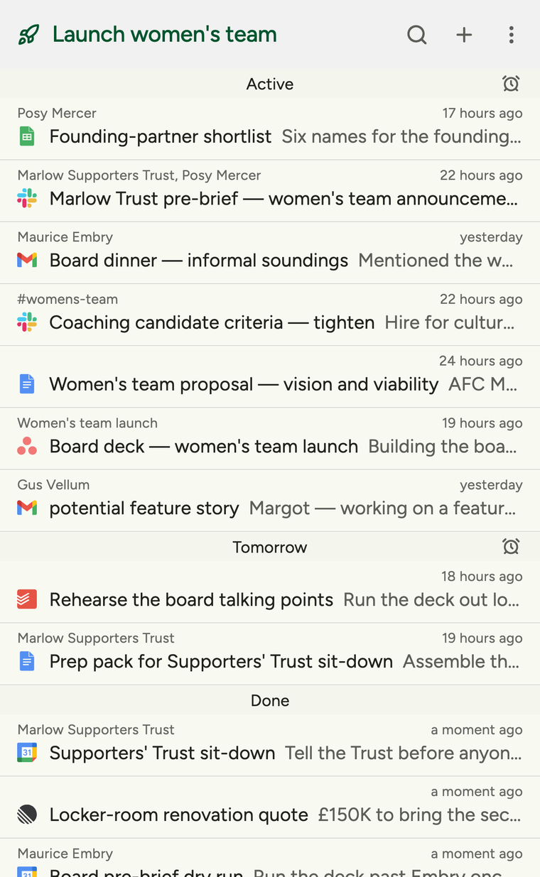 Plot Dispatch's activity feed for one focus on a phone: threads from Google Sheets, Slack, Gmail, Google Docs, Asana, Todoist, Google Calendar and Linear, grouped under Active, Tomorrow and Done