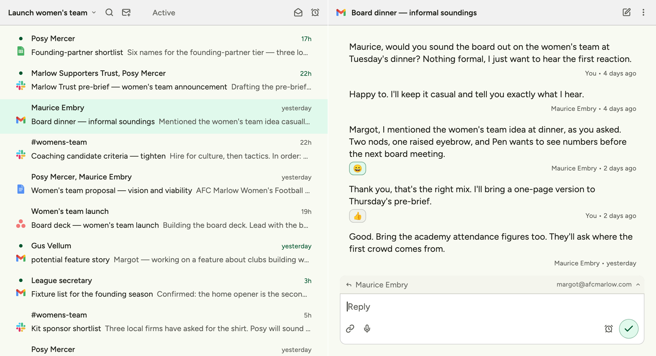Plot Dispatch on a desktop: a feed of conversations from Gmail, Slack, Google Docs and Asana beside an open email thread with a reply being written