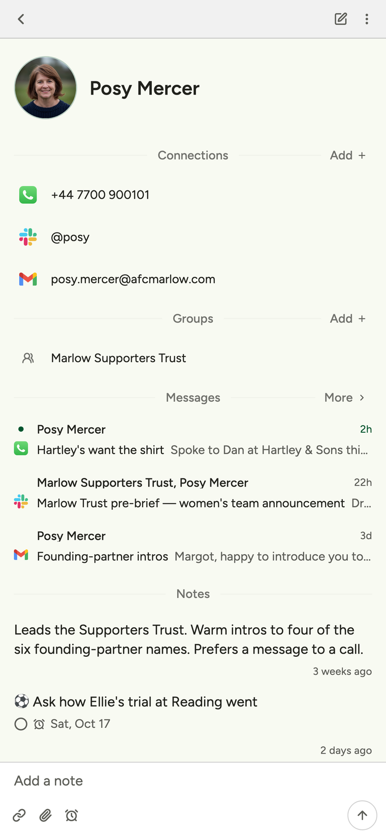 A person's page in Plot Dispatch: Posy Mercer, with her photo, her WhatsApp, Slack and email as one contact, the Marlow Supporters Trust group, her latest messages from each app, and notes including a reminder to ask how Ellie's trial went