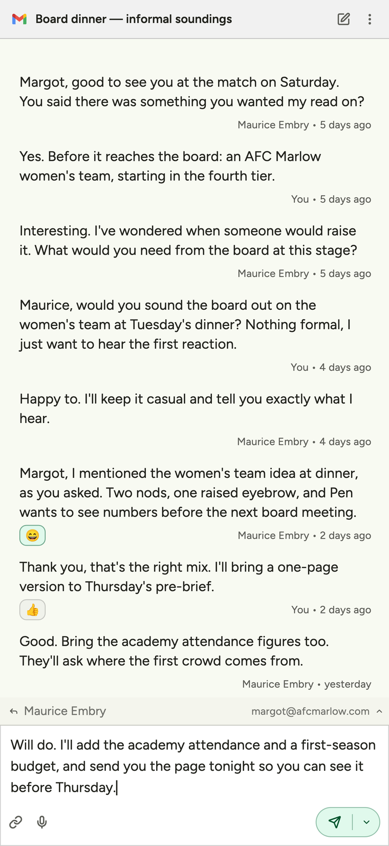 A Plot Dispatch email thread on a phone, with the earlier messages above and a reply to Maurice Embry being written