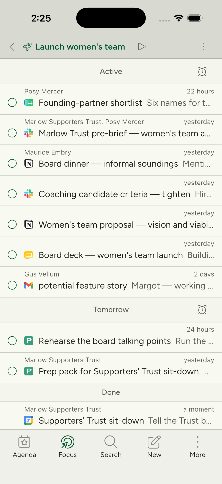 A Plot priority's thread list grouped into Active, scheduled days, and Someday